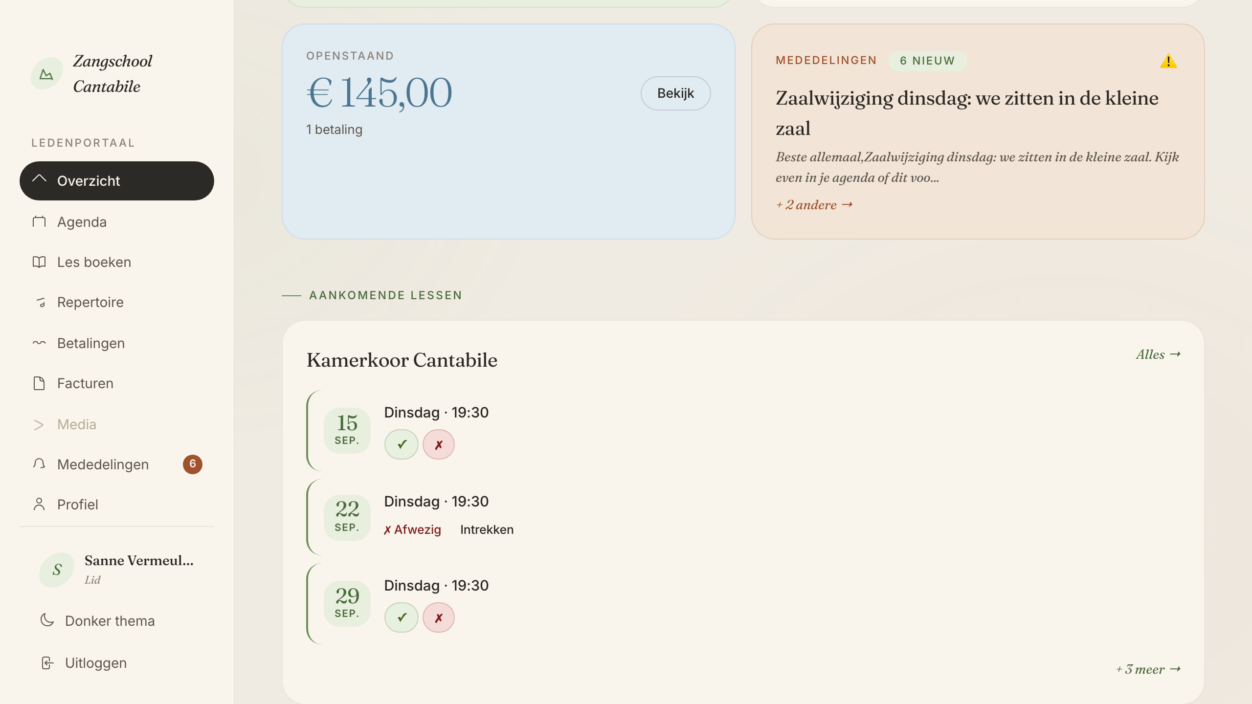 Het overzicht van een lid, met per les een vinkje voor aanwezig of afwezig