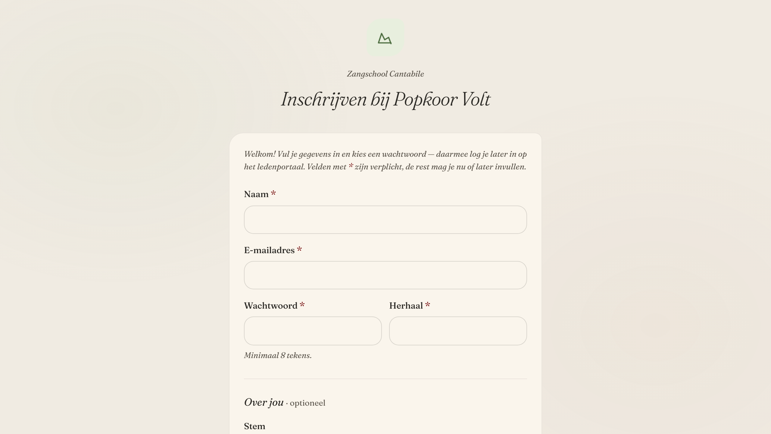 Het inschrijfformulier zoals een nieuw lid het in zijn browser krijgt