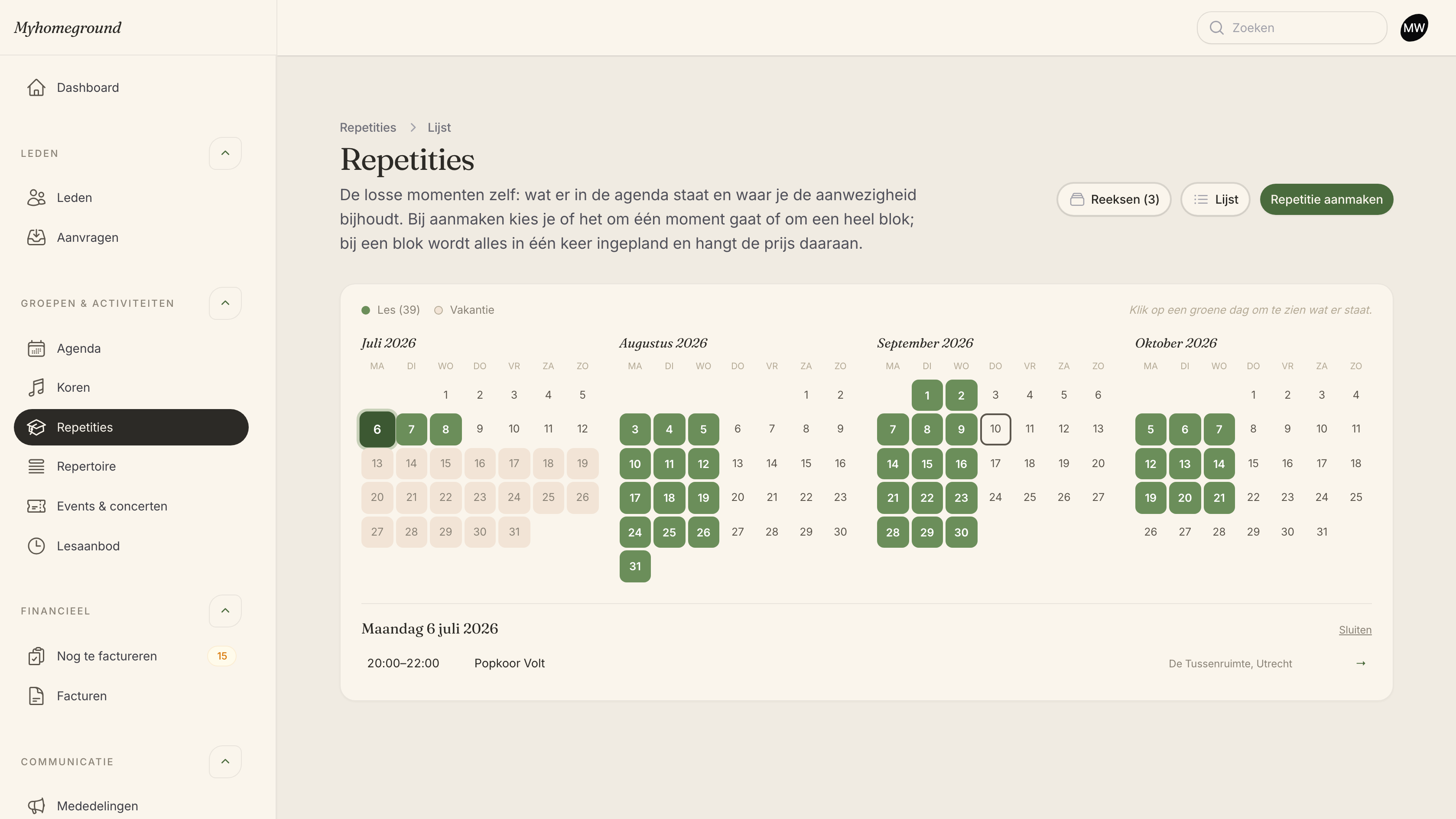Dezelfde repetities als maandkalender, met de vakanties grijs