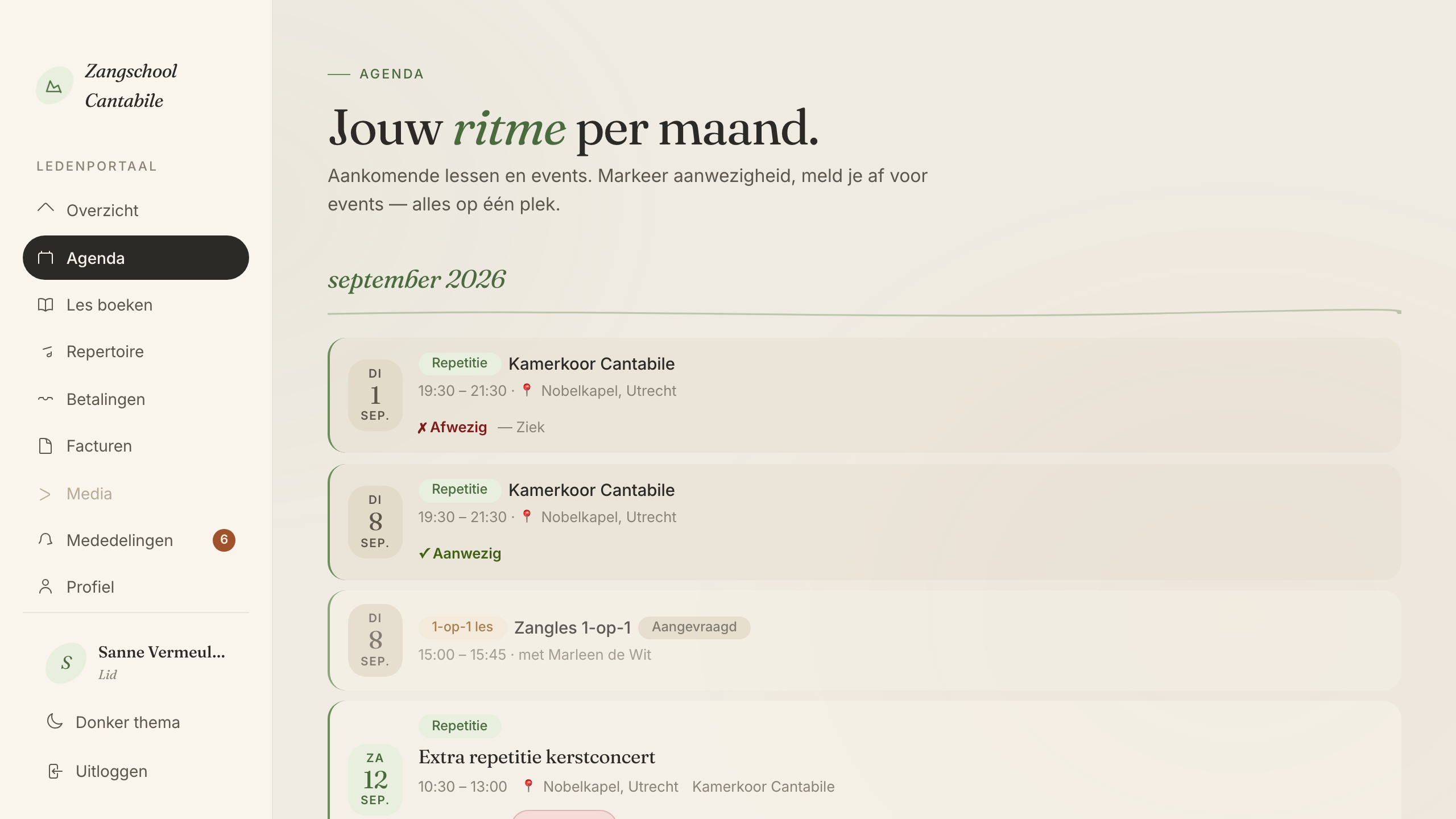 Dezelfde planning in de agenda van een lid