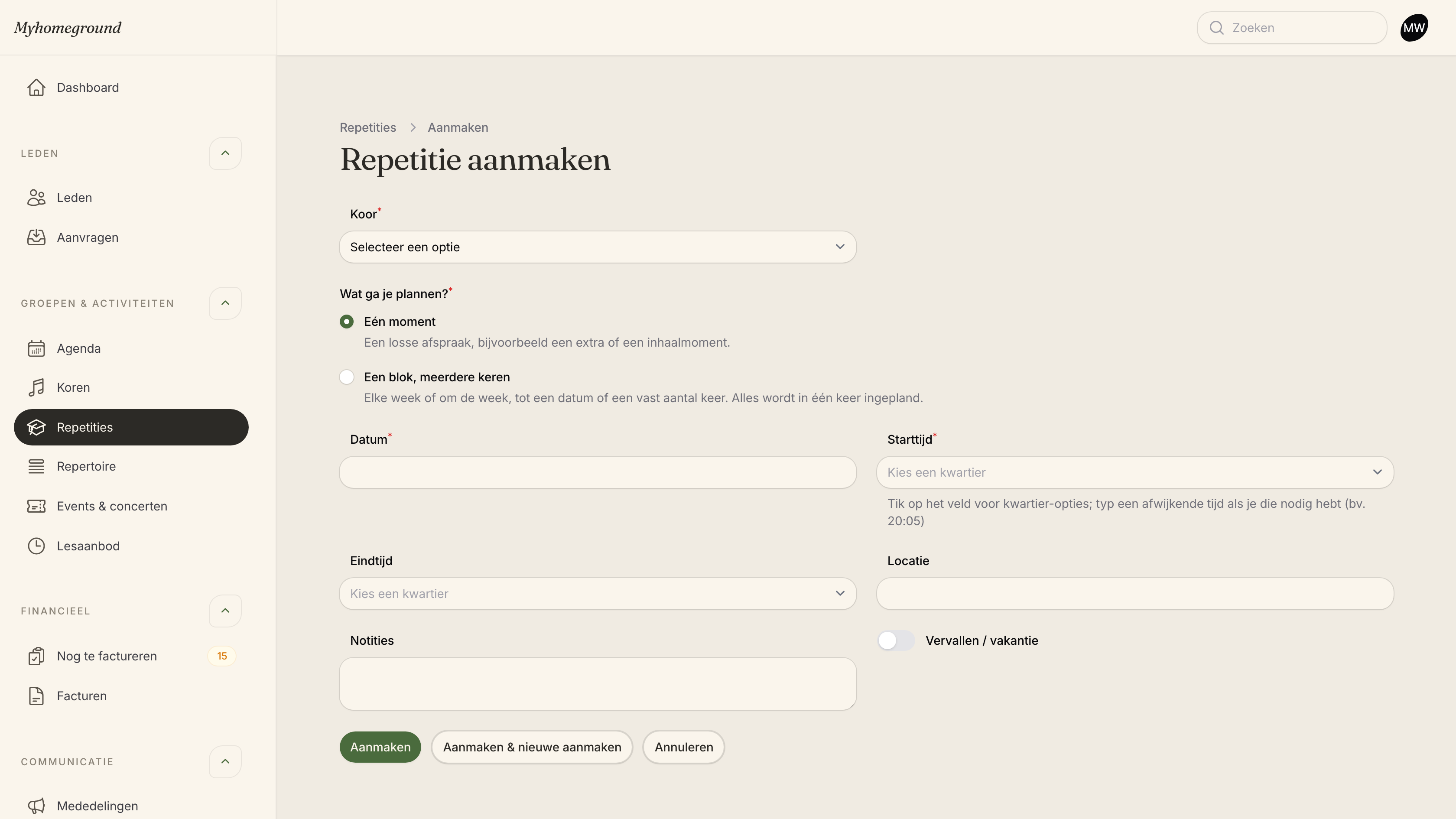 Aanmaken: één moment of een heel blok dat in één keer wordt ingepland